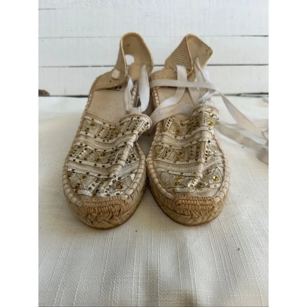 Impo Malibu Espadrille Wedge Sandals Women’s 8M Beige Lace Up Beaded Sequin